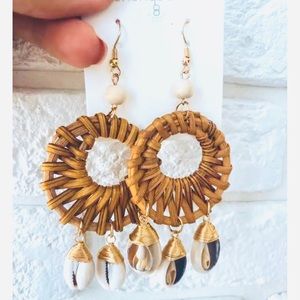 Boho Woven Rattan Earring with Hanging Shells